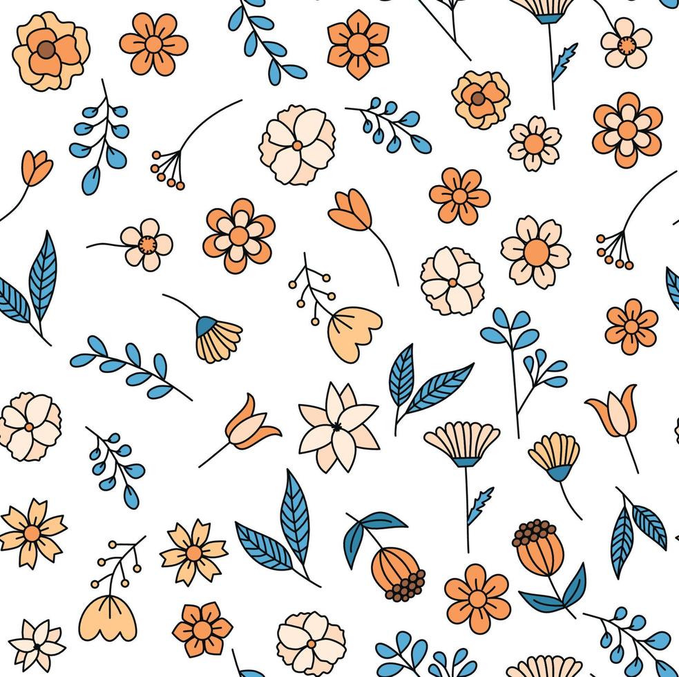 diseño gráfico de flores. Patrón transparente creativo de moda con flores y hojas dibujadas a mano y formas abstractas. para la impresión de textiles modernos y originales, papel de envolver, diseño de arte mural vector