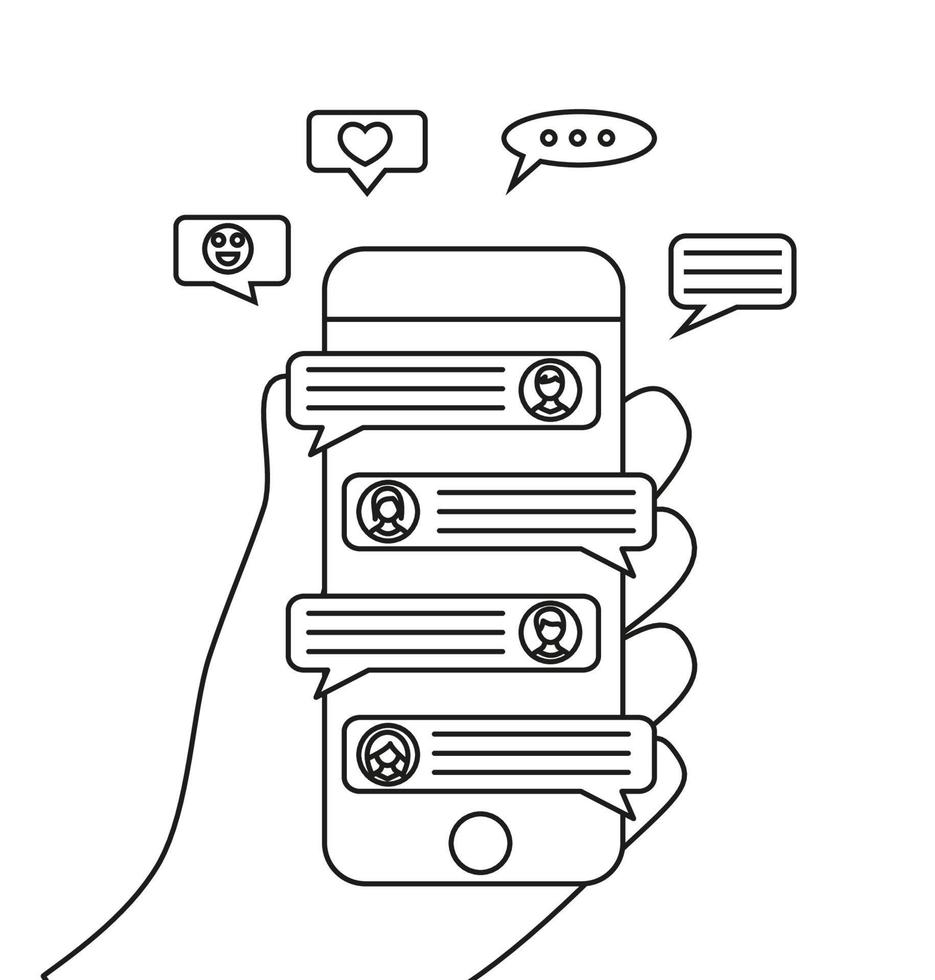 teléfono inteligente en la mano con el esquema de chat en línea aislado sobre fondo blanco vector