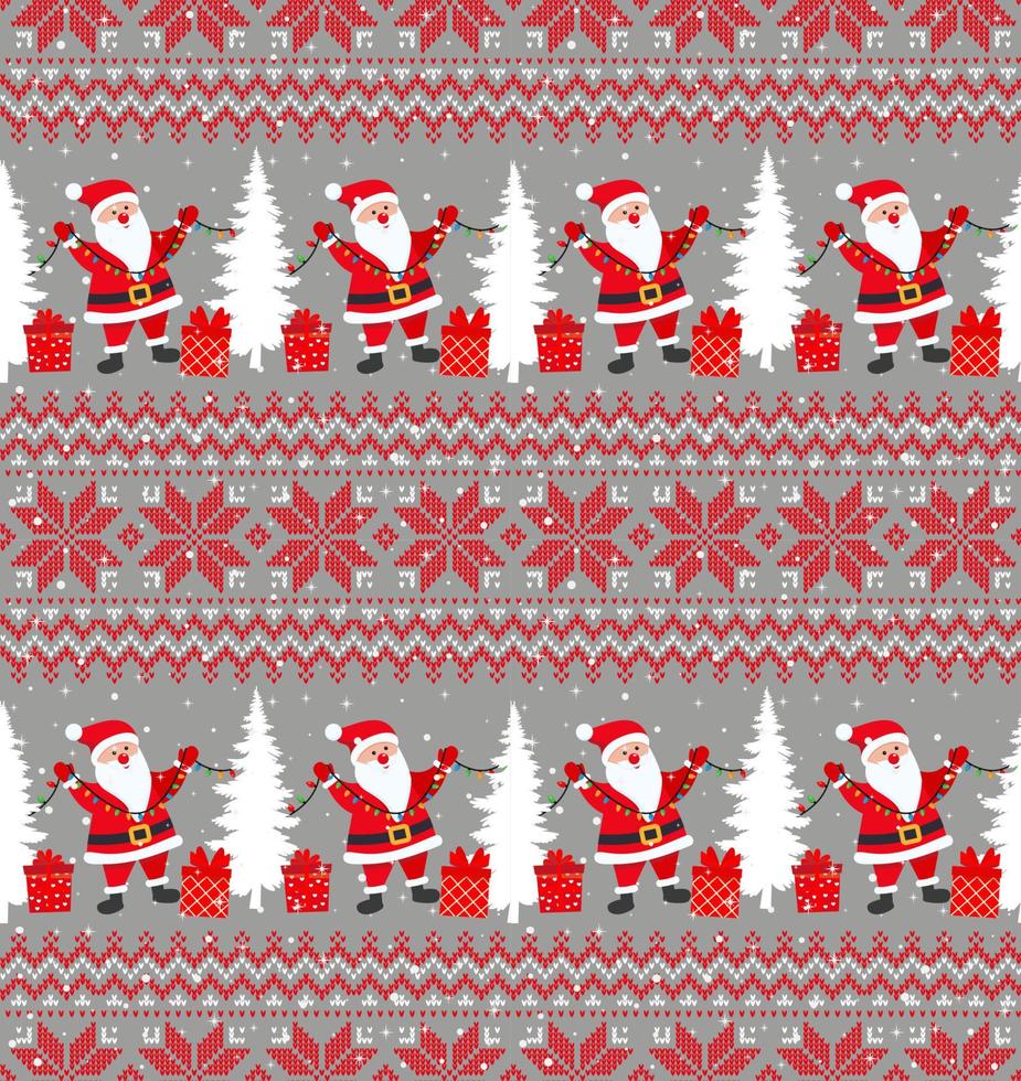 Knitted Christmas and New Year pattern into santa. Wool Knitting Sweater Design. Wallpaper wrapping paper textile print. Eps 10 vector
