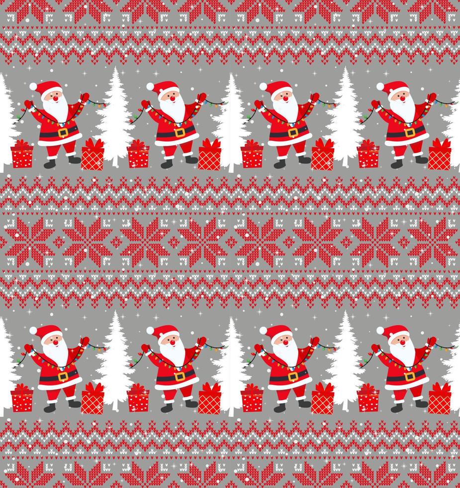 Knitted Christmas and New Year pattern into santa. Wool Knitting Sweater Design. Wallpaper wrapping paper textile print. Eps 10 vector