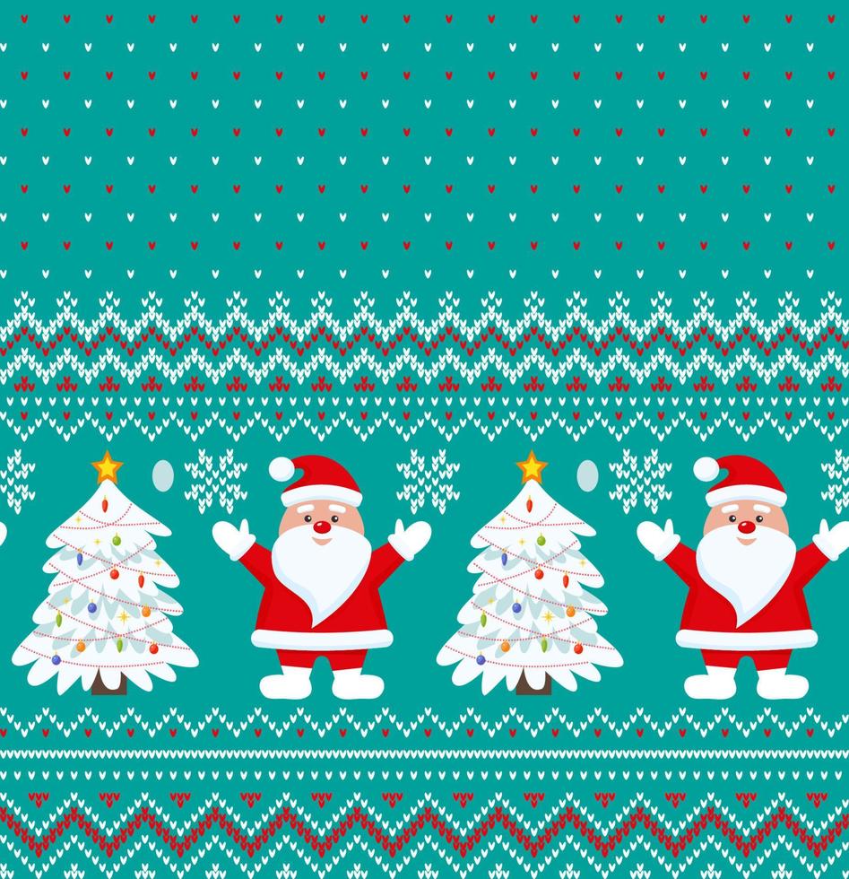 Knitted Christmas and New Year pattern into santa. Wool Knitting Sweater Design. Wallpaper wrapping paper textile print. vector