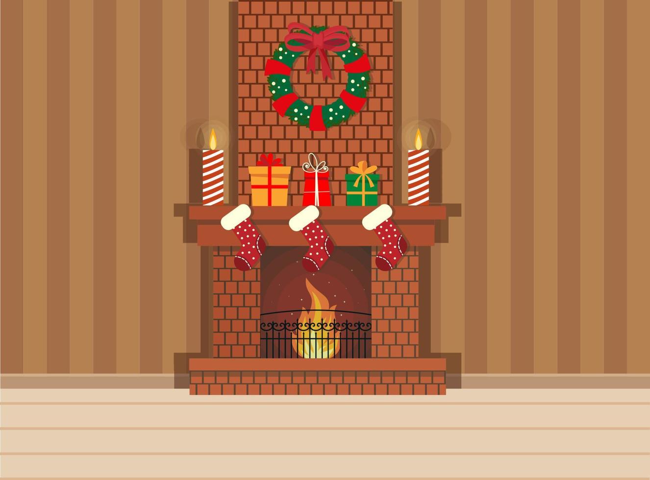 Cozy living interior Christmas with red sofa, gifts, and tree. Vector flat style illustration.