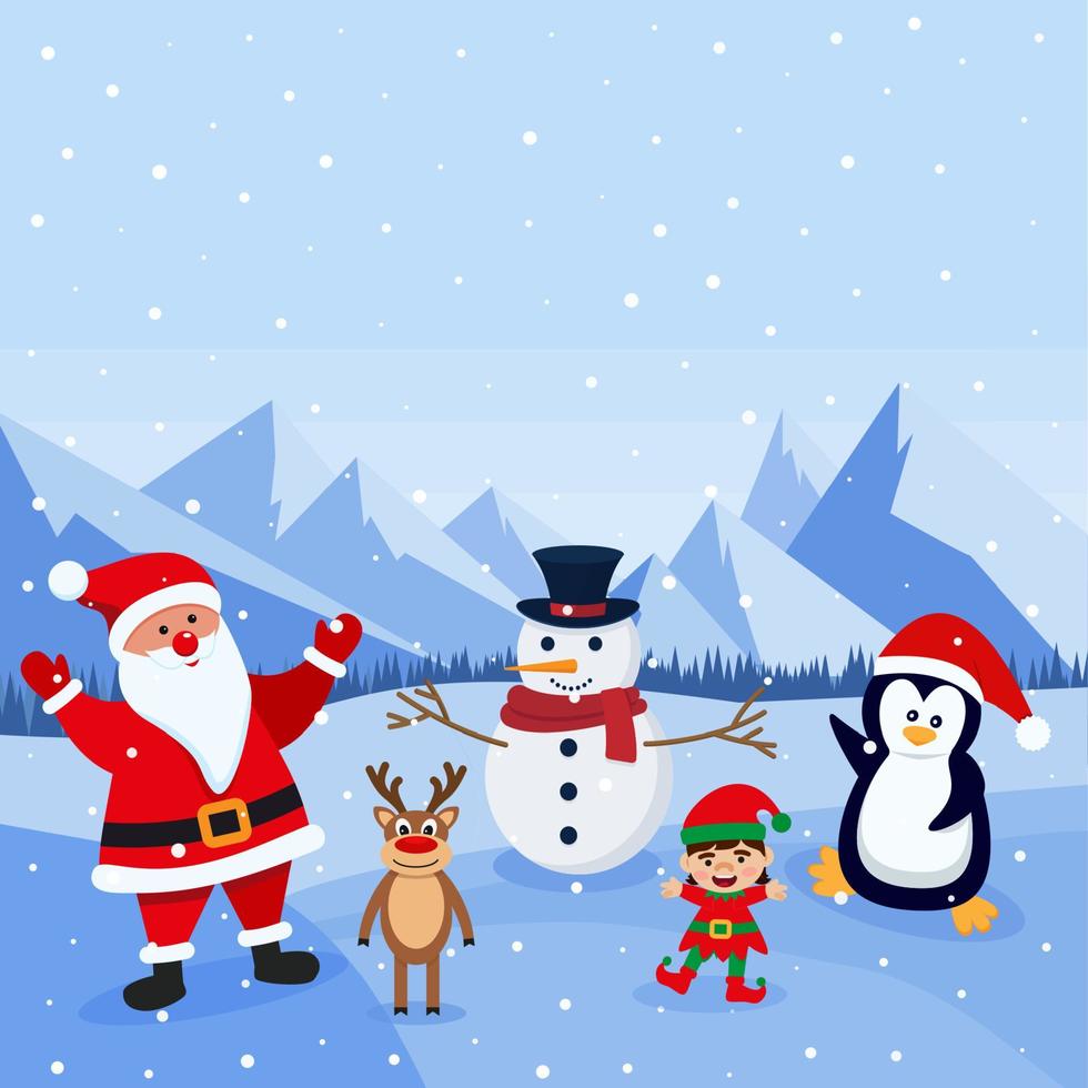 Vector cartoon illustration of cute Santa Claus. snowman and penguin christmas greeting card vector illustration design