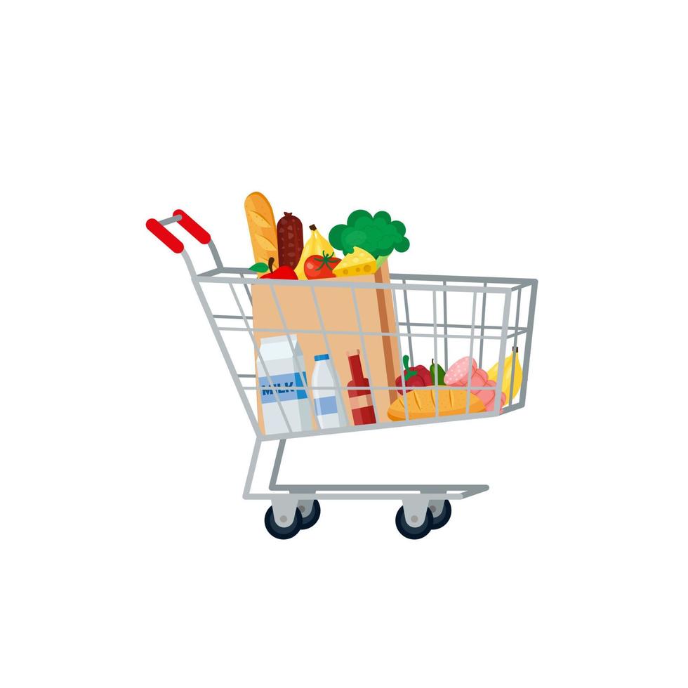 carrito de supermercado lleno de diferentes comestibles frescos. ilustración plana vectorial. vector