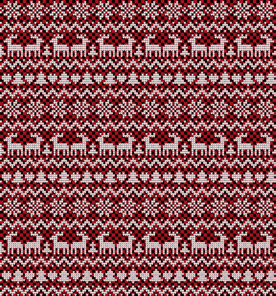 Knitted Christmas and New Year pattern at Buffalo Plaid. Wool Knitting Sweater Design. Wallpaper wrapping paper textile print. vector
