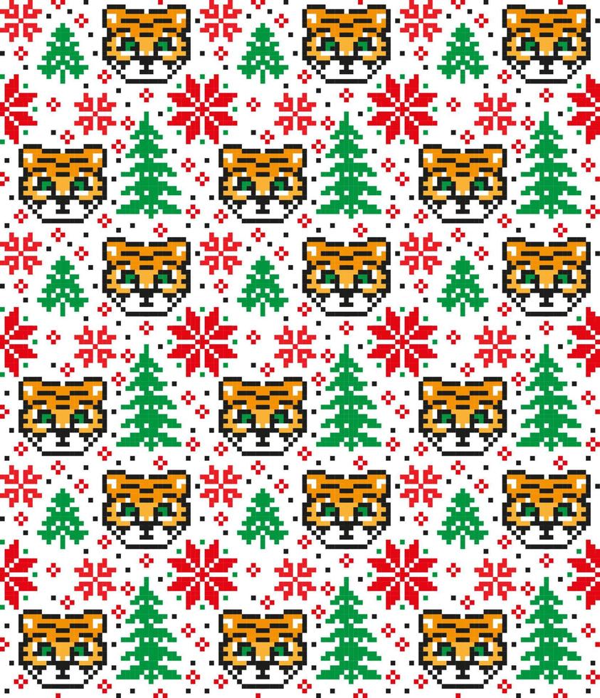 Knitted Christmas and New Year pattern in Tiger. Wool Knitting Sweater Design. Wallpaper wrapping paper textile print. vector