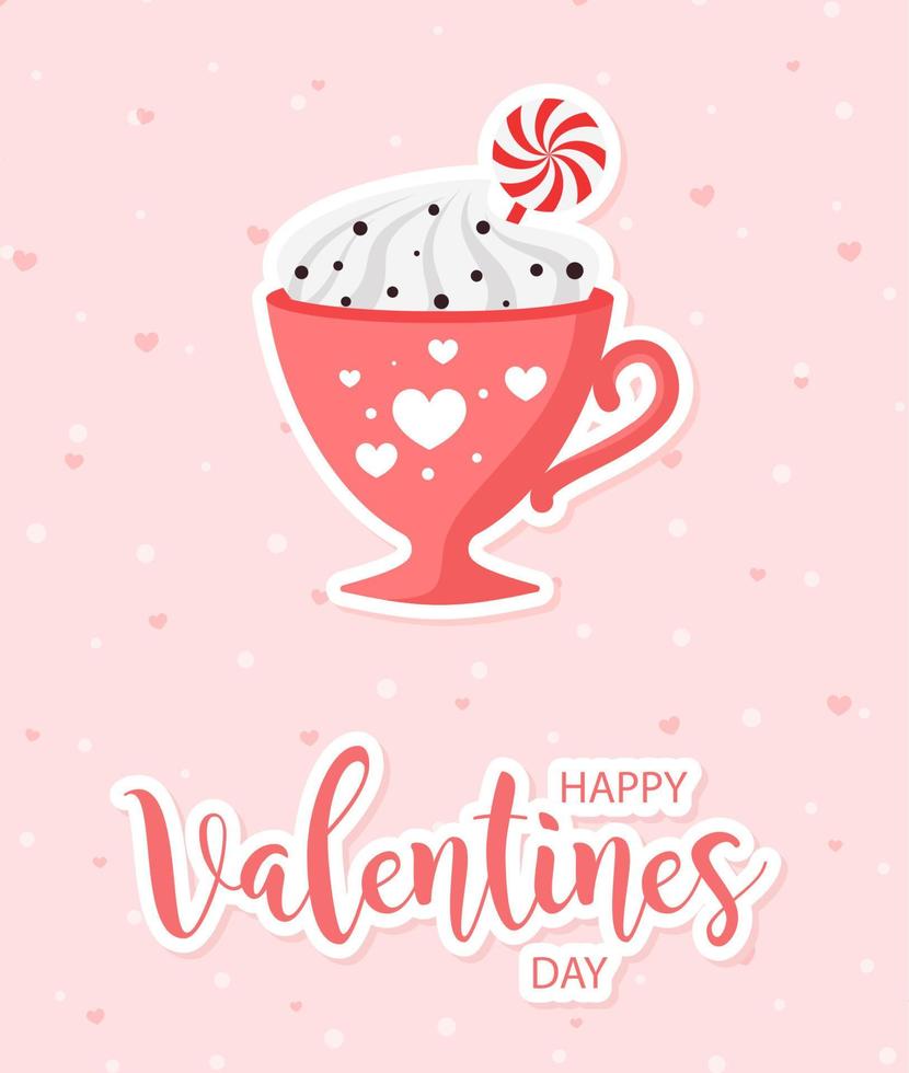 hermosa tarjeta de amor del día de san valentín. linda taza con bebida caliente. precioso cartel con letras románticas. ilustración vectorial vector