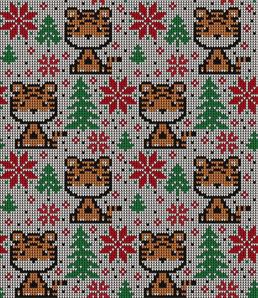 Knitted Christmas and New Year pattern in Tiger. Wool Knitting Sweater Design. Wallpaper wrapping paper textile print. vector