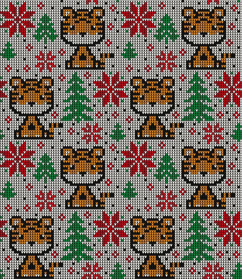 Knitted Christmas and New Year pattern in Tiger. Wool Knitting Sweater Design. Wallpaper wrapping paper textile print. vector