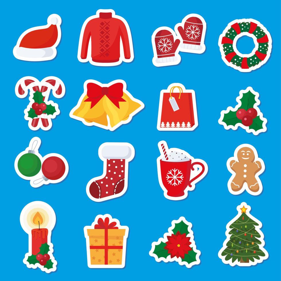 Draw vector illustration character design collection stickers cute cat and element for Christmas and New year.