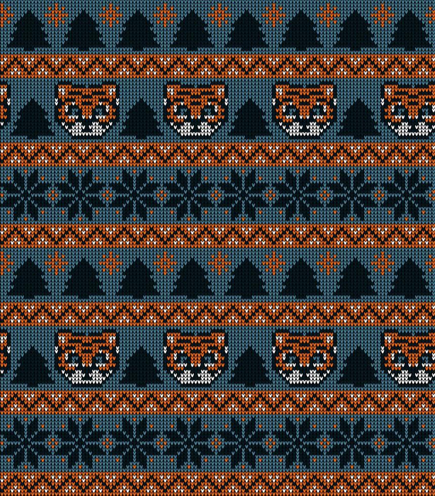 Knitted Christmas and New Year pattern in Tiger. Wool Knitting Sweater Design. Wallpaper wrapping paper textile print. vector