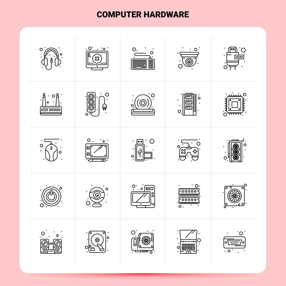 esquema 25 conjunto de iconos de hardware de computadora diseño de estilo de línea vectorial conjunto de iconos negros paquete de pictogramas lineales diseño de ideas de negocios web y móviles ilustración vectorial vector