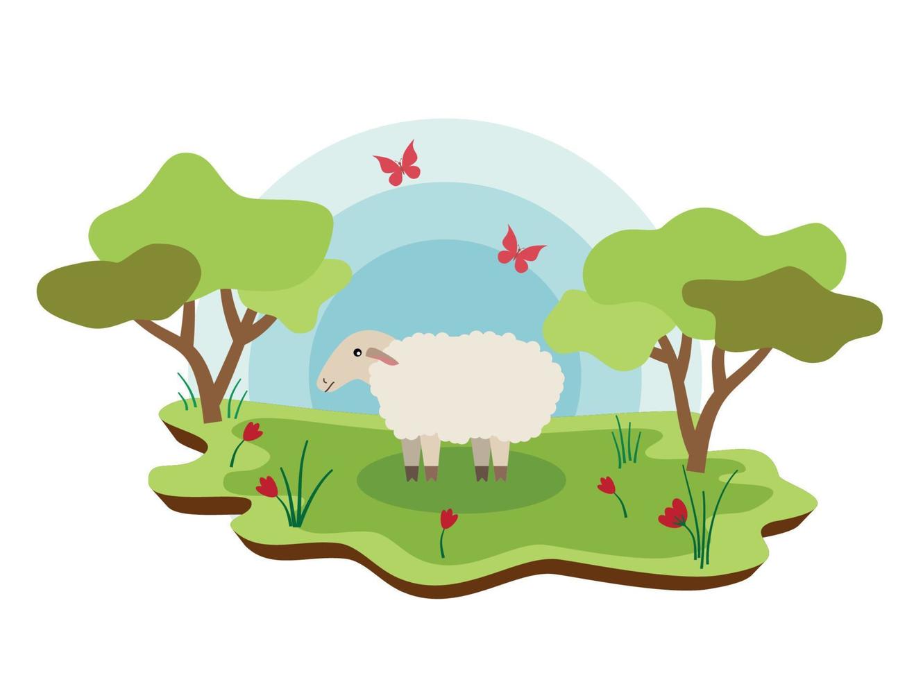 lindos animales de granja ovejas con paisaje primaveral. ilustración de dibujos animados de vectores