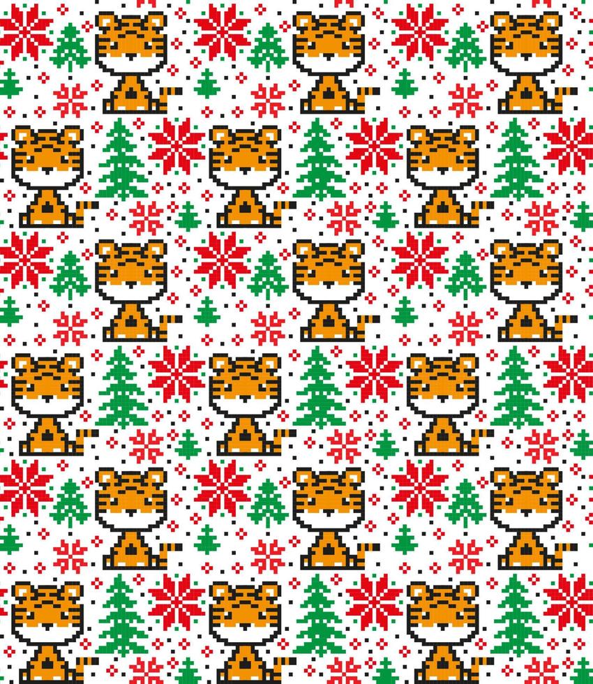 Knitted Christmas and New Year pattern in Tiger. Wool Knitting Sweater Design. Wallpaper wrapping paper textile print. Eps 10 vector