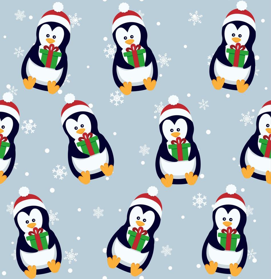 Penguins seamless pattern. Cute baby penguins in winter clothing and hats, christmas arctic animal, kids textile or wallpaper vector texture.