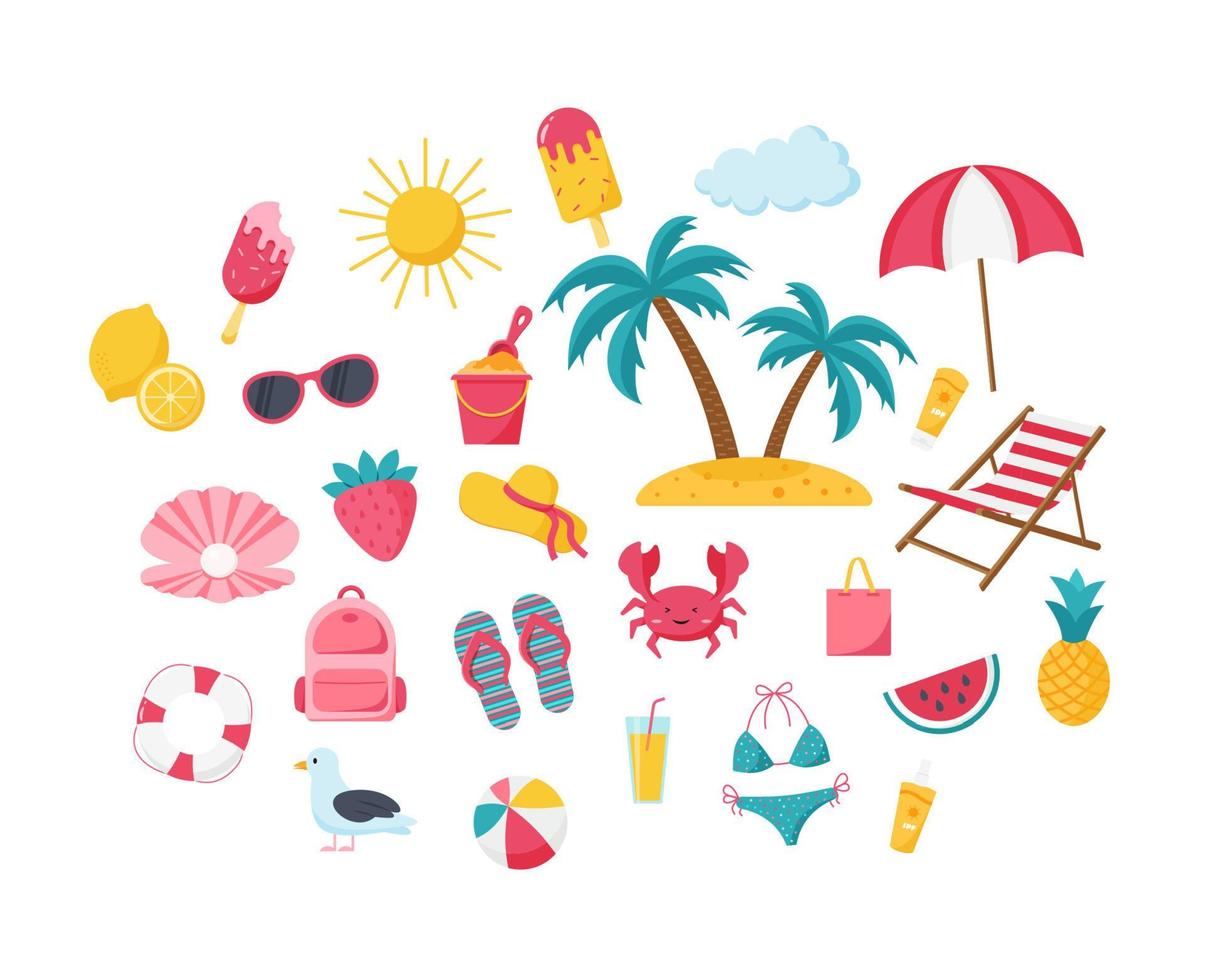 playa de verano ambientada con muchos iconos. ilustración vectorial de dibujos animados. vector