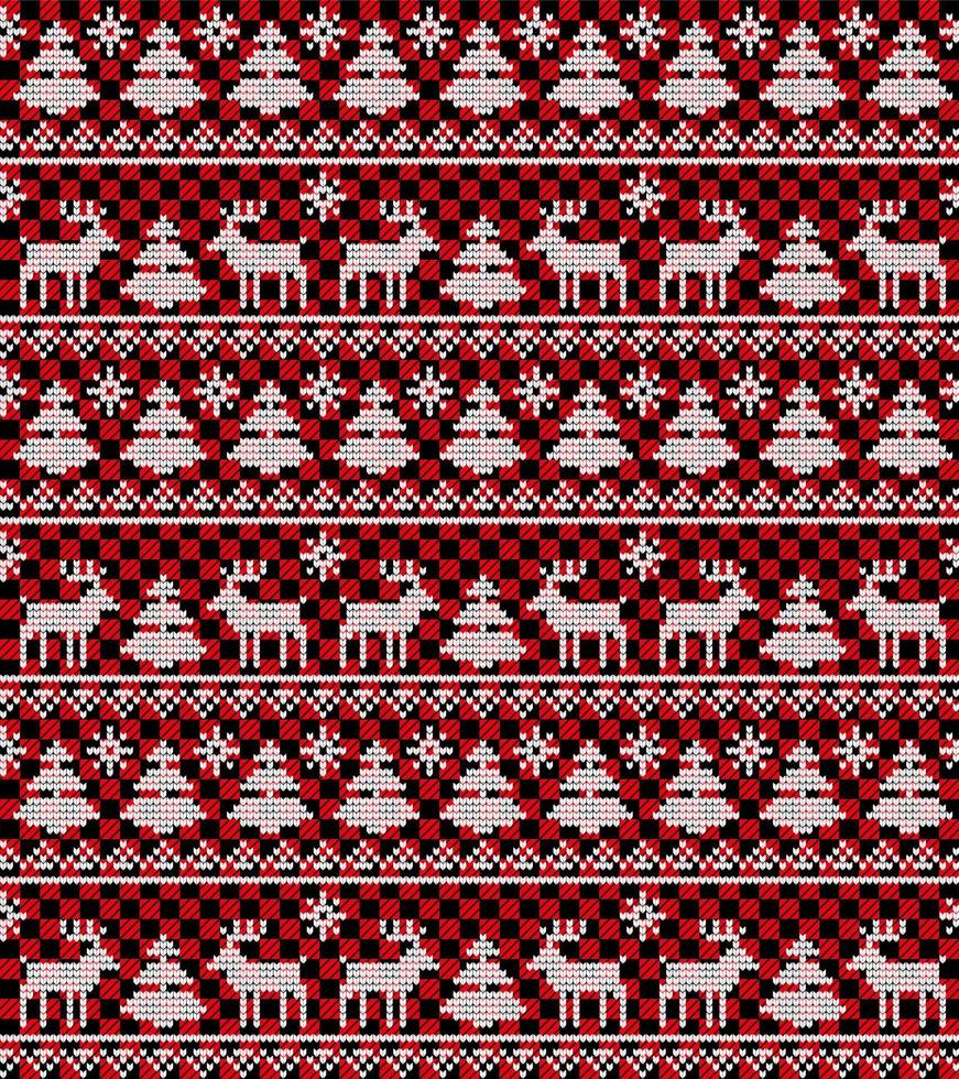 Knitted Christmas and New Year pattern at Buffalo Plaid. Wool Knitting Sweater Design. Wallpaper wrapping paper textile print. vector