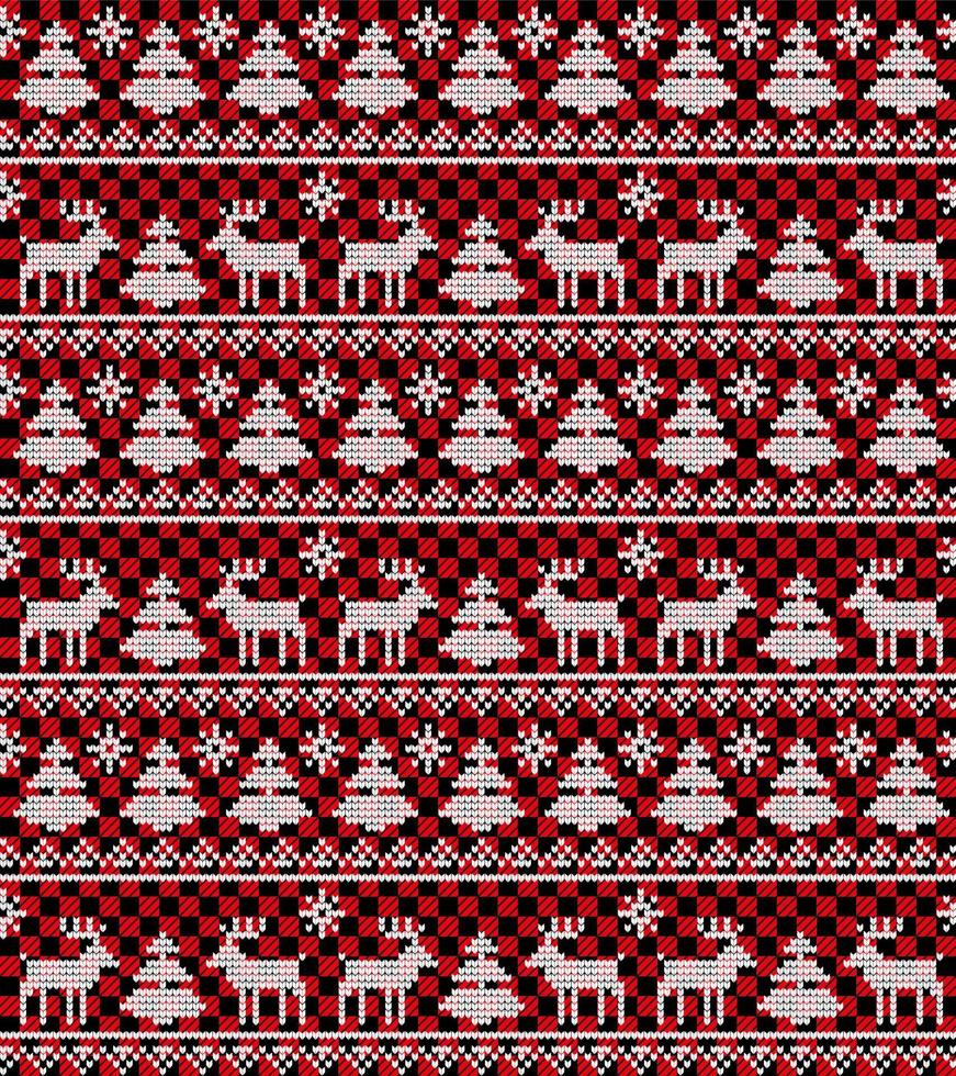 Knitted Christmas and New Year pattern at Buffalo Plaid. Wool Knitting Sweater Design. Wallpaper wrapping paper textile print. vector