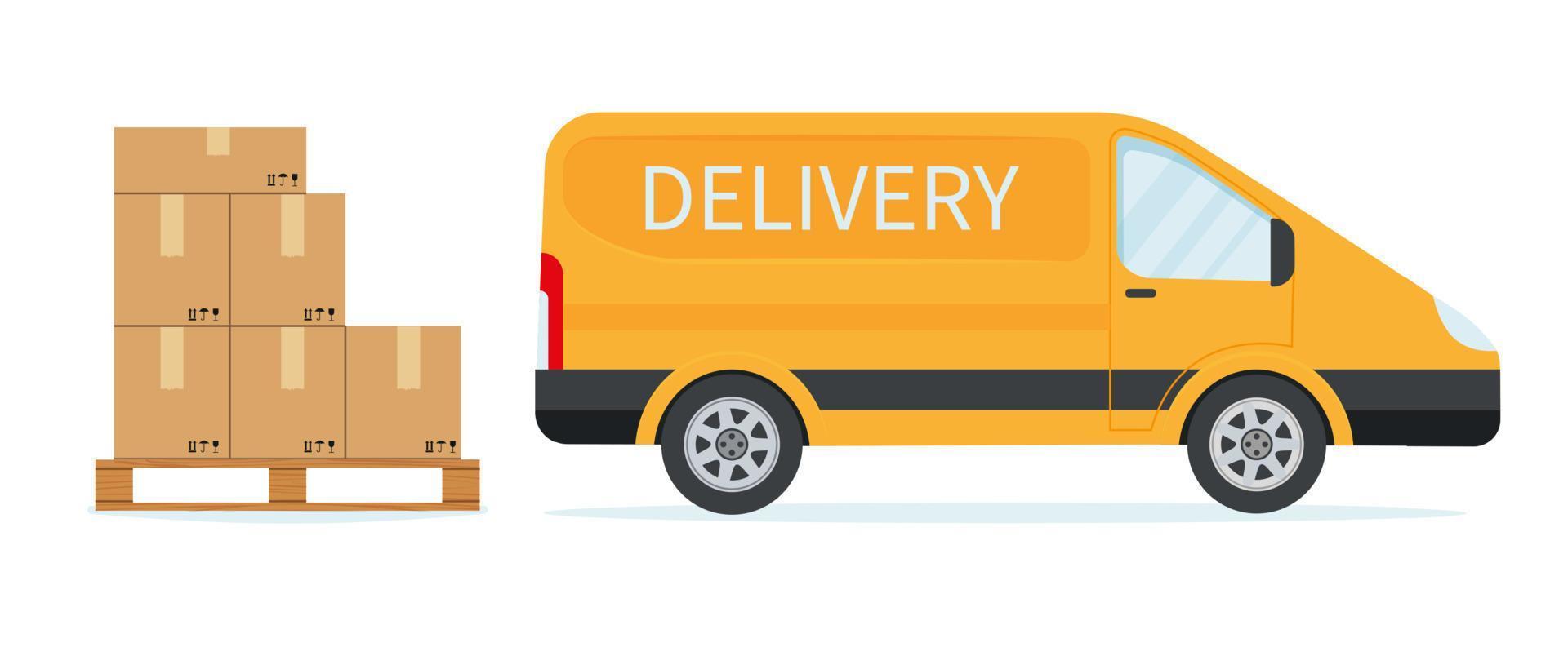 Parcel boxes on a wooden pallet and yellow delivery machine. Flat vector illustration