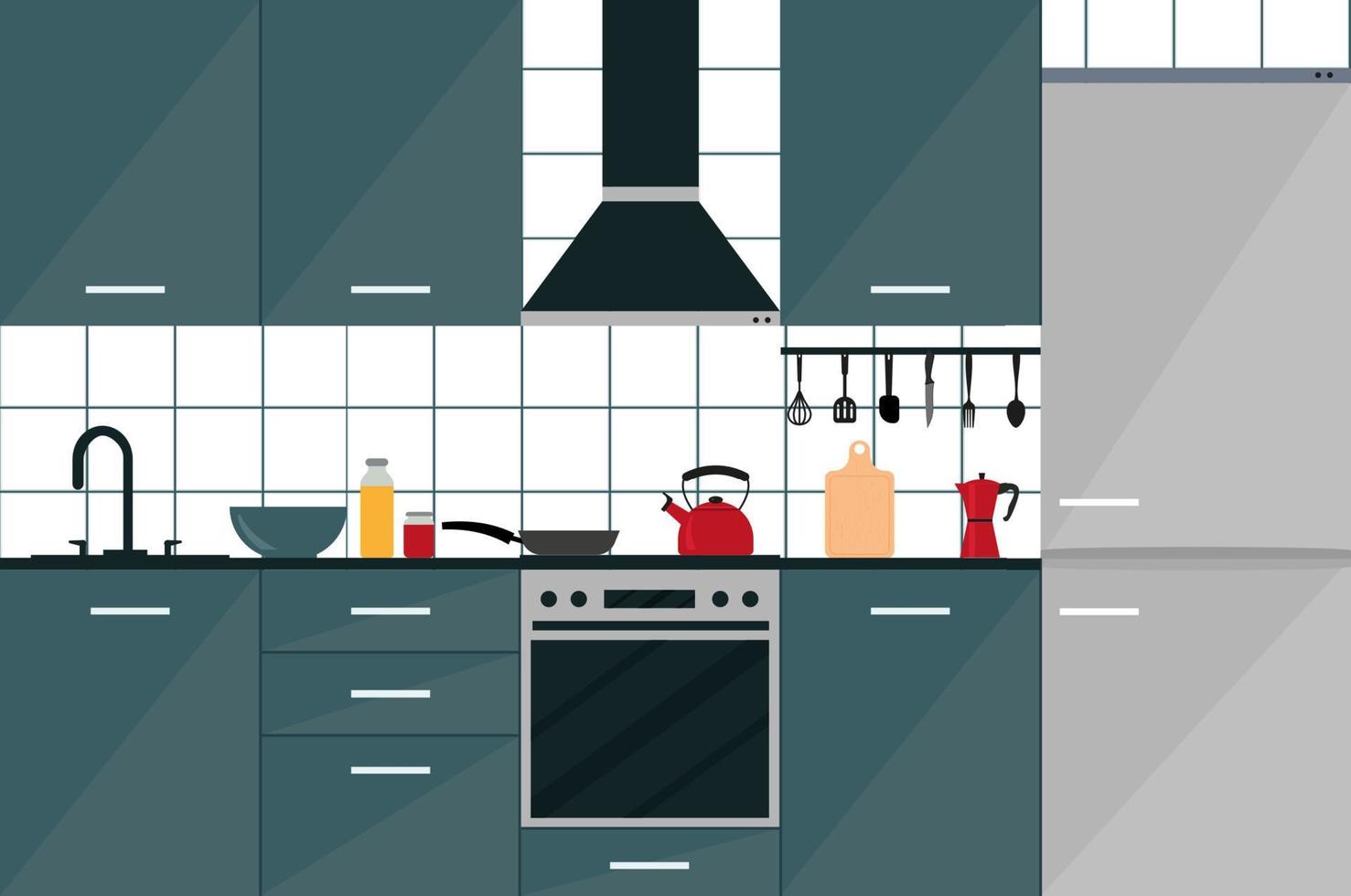 Interior Kitchen with furniture. Flat style vector illustration.