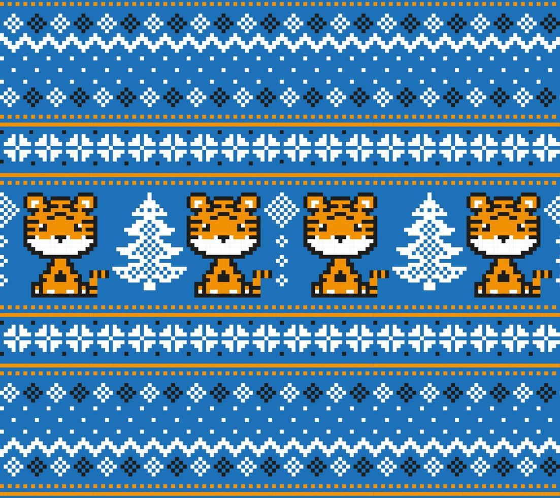 Knitted Christmas and New Year pattern in Tiger. Wool Knitting Sweater Design. Wallpaper wrapping paper textile print. vector