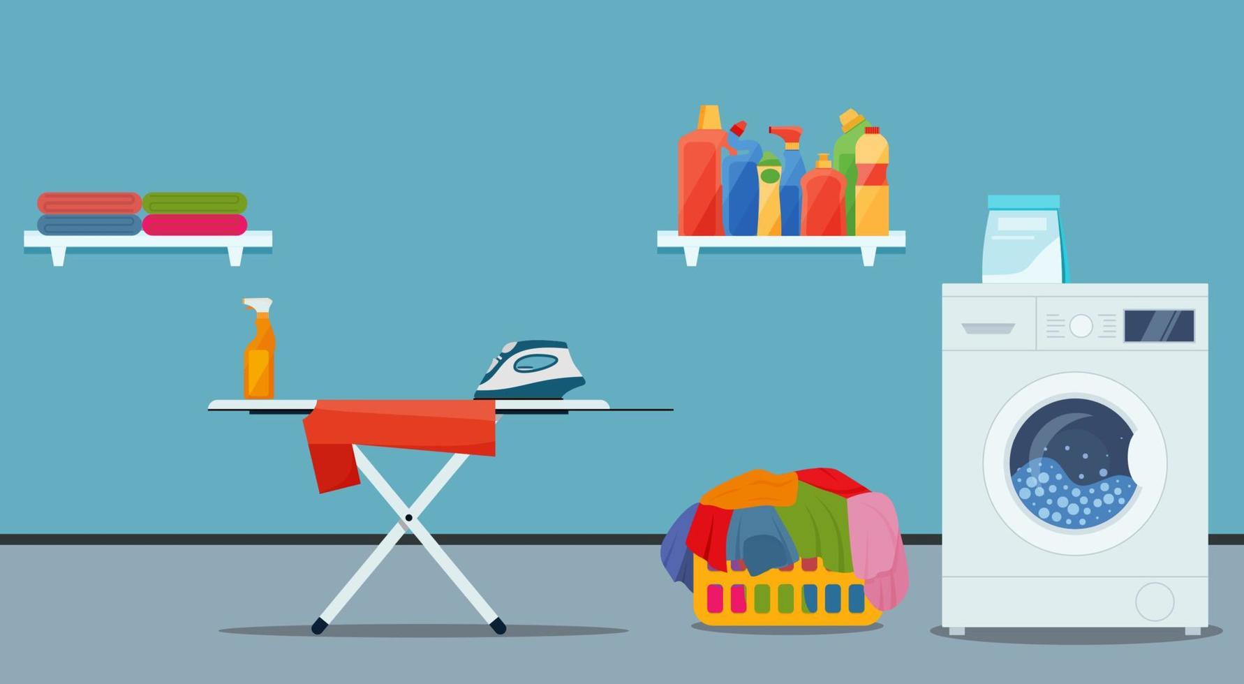 Laundry room interior with washing machine, ironer, iron, clothes and