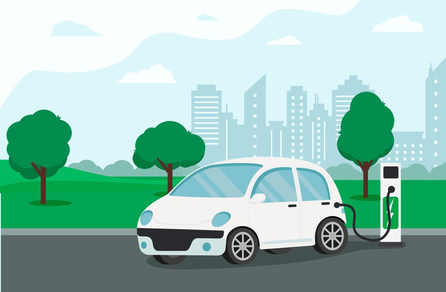 Electric car with parking at the charger station. Modern technology and environmental care concept. Eco electric car. Flat illustration vector