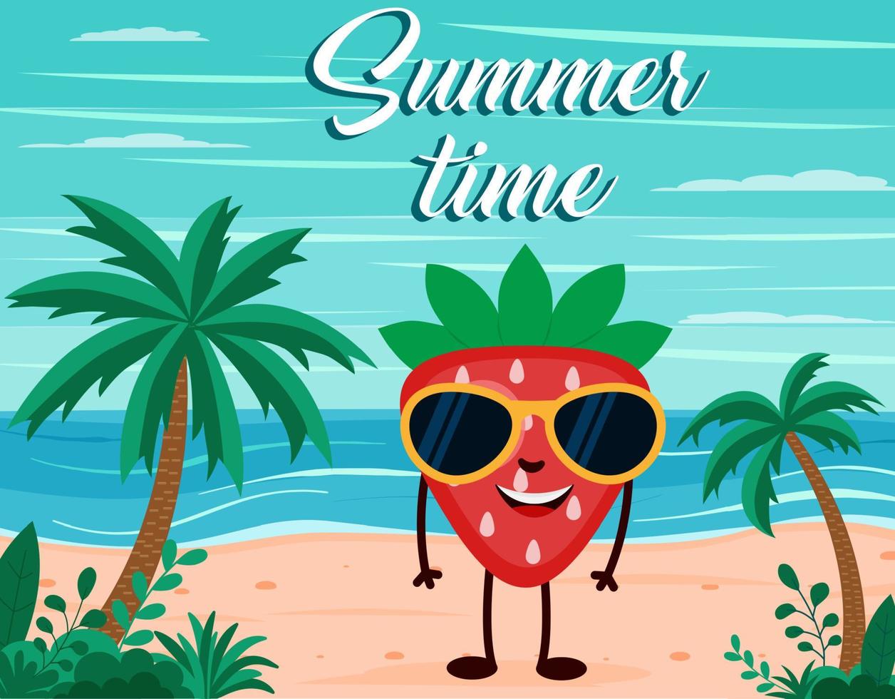 divertido fondo de playa de verano con carácter de fruta de fresa. estilo de dibujos animados postal de horario de verano vector