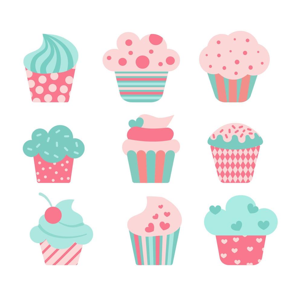 Delicious cupcakes and vector sprinkles muffin set isolated on white background.