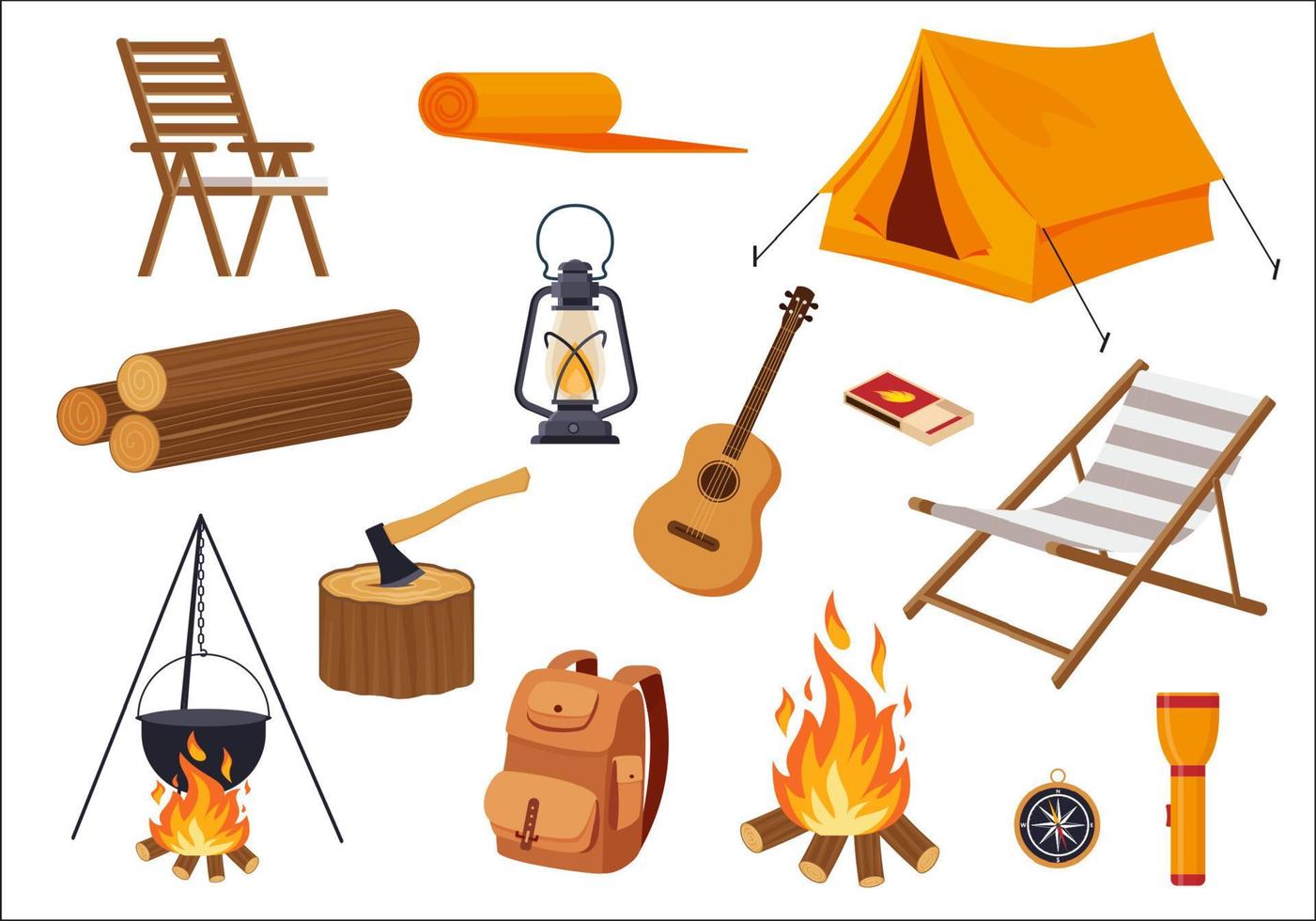Vector set of symbols, icons and elements of tourist equipment. Tent, axe, chair, lounger, pot over a fire, backpack, flashlight.