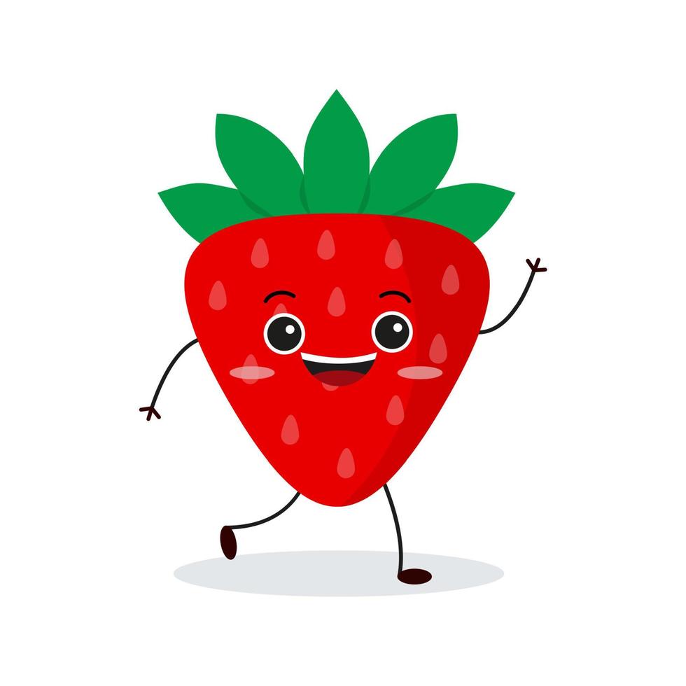 Cute happy strawberry character. Funny fruit emoticon in flat style. vector