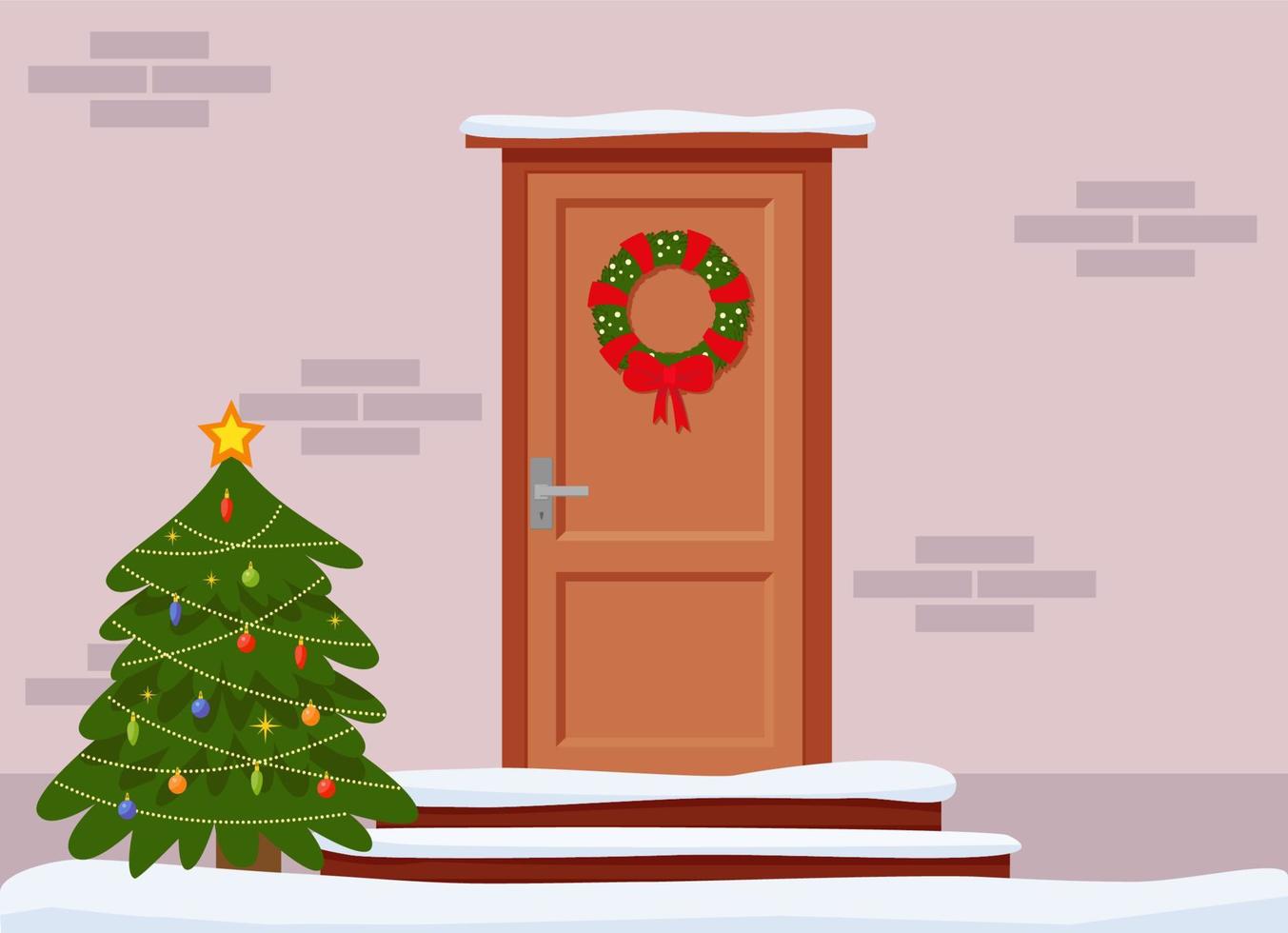 Christmas card, banner. Window and door decorated for Christmas. Coziness, comfort. Vector graphics.