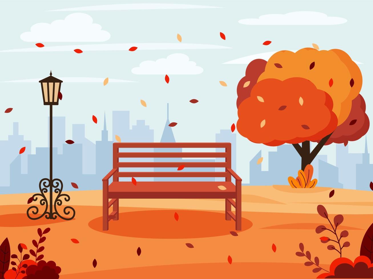 Autumn landscape with a city in the background Autumn background. Vector illustration in flat style