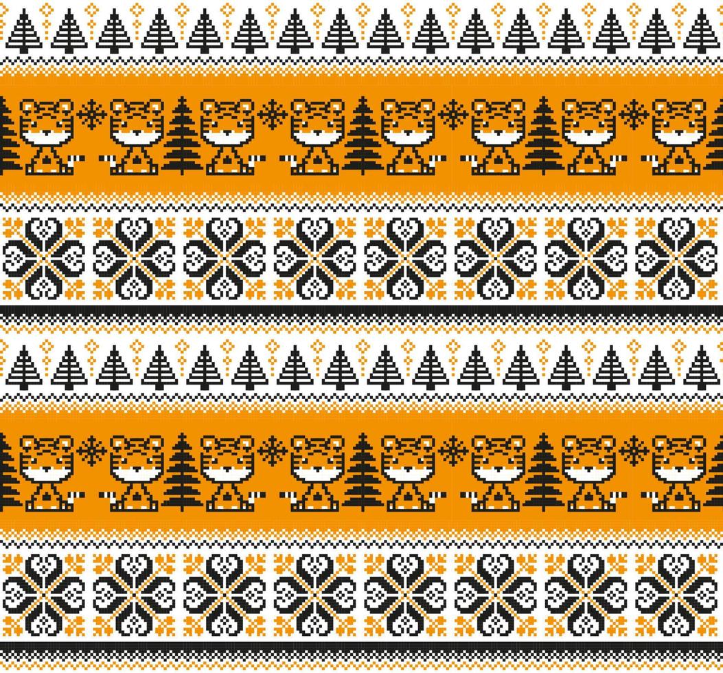Knitted Christmas and New Year pattern in Tiger. Wool Knitting Sweater Design. Wallpaper wrapping paper textile print. vector