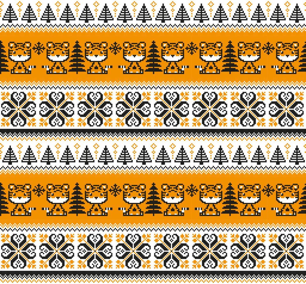 Knitted Christmas and New Year pattern in Tiger. Wool Knitting Sweater Design. Wallpaper wrapping paper textile print. vector