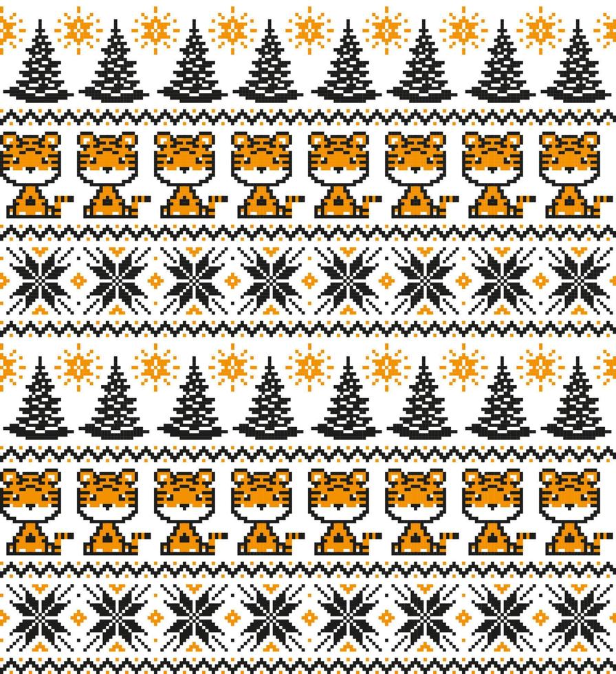 Knitted Christmas and New Year pattern in Tiger. Wool Knitting Sweater Design. Wallpaper wrapping paper textile print. vector