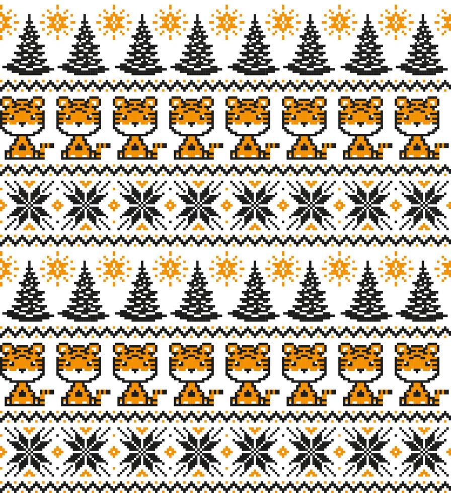 Knitted Christmas and New Year pattern in Tiger. Wool Knitting Sweater Design. Wallpaper wrapping paper textile print. vector