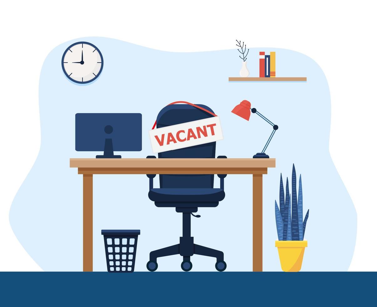 Office workplace with vacancy sign. Empty seat, chair in room for employee. vector