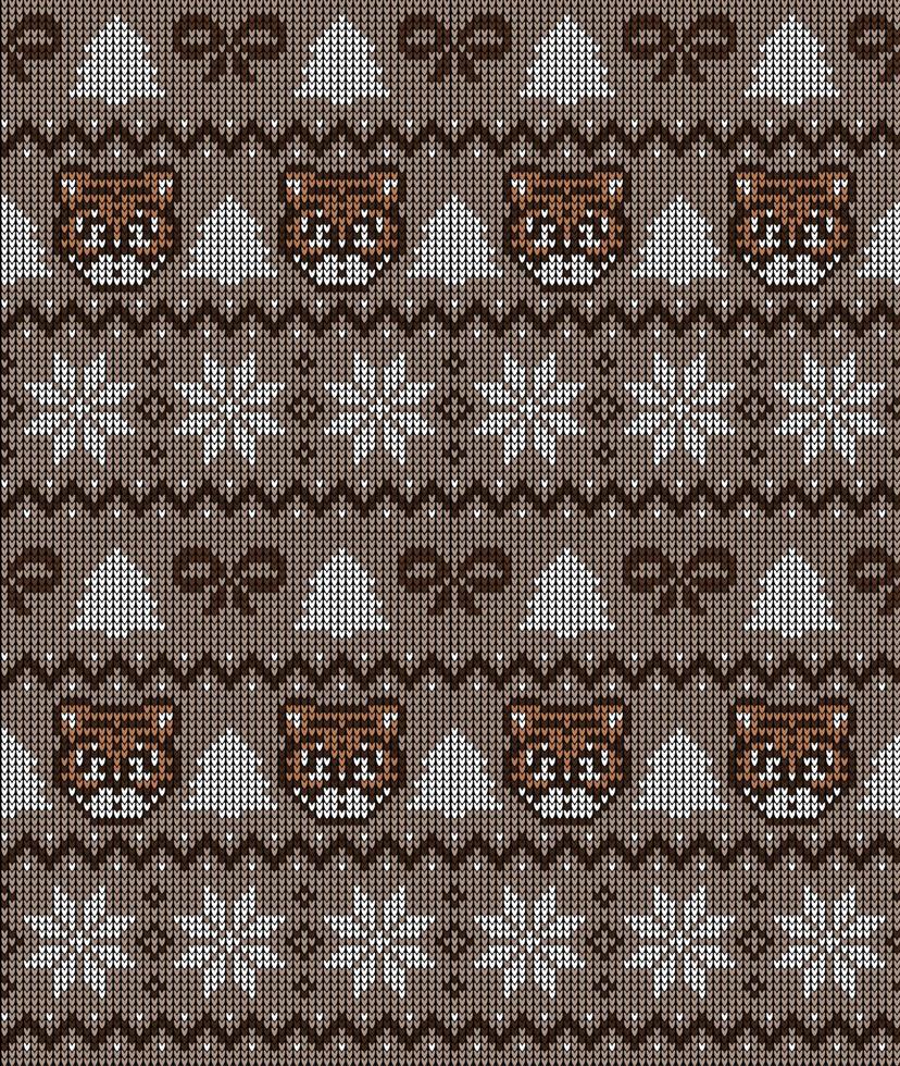 Knitted Christmas and New Year pattern in Tiger. Wool Knitting Sweater Design. Wallpaper wrapping paper textile print. vector