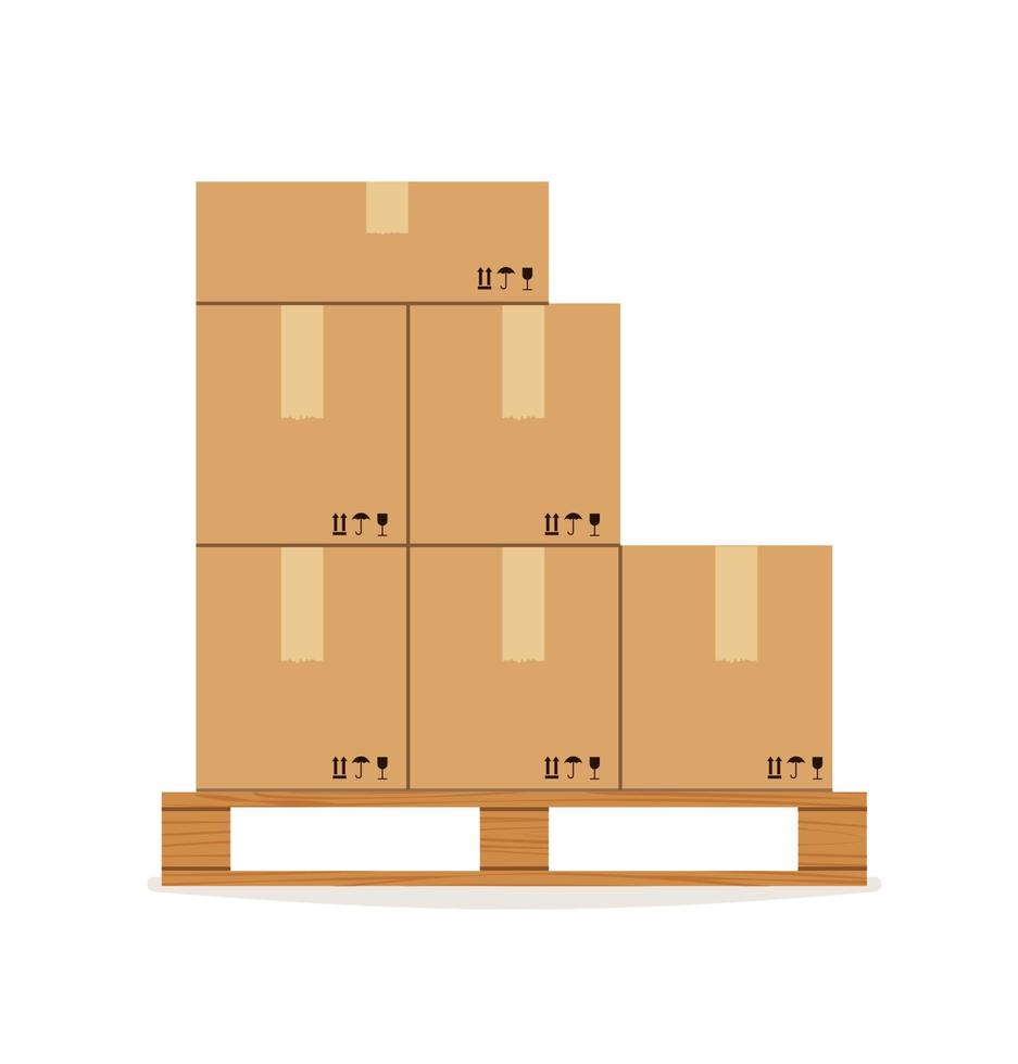 Parcel boxes on a wooden pallet. Flat vector illustration