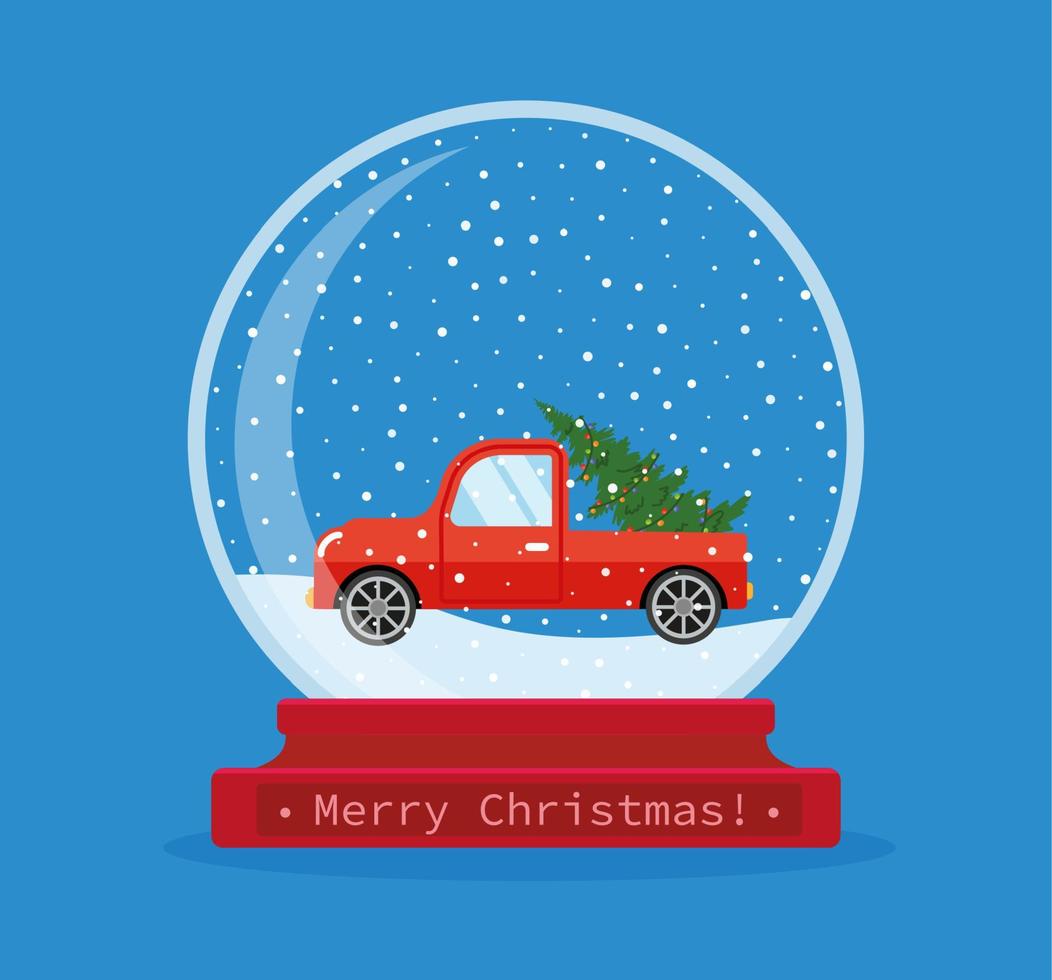 globo de nieve de navidad con coche. Feliz Navidad. celebrando año nuevo y navidad. ilustración vectorial en estilo plano vector