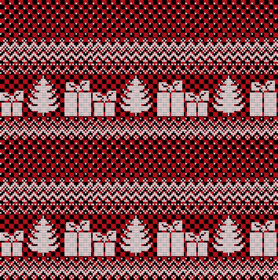 Knitted Christmas and New Year pattern at Buffalo Plaid. Wool Knitting Sweater Design. Wallpaper wrapping paper textile print. vector