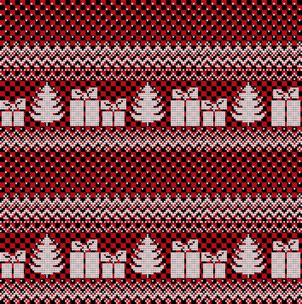 Knitted Christmas and New Year pattern at Buffalo Plaid. Wool Knitting Sweater Design. Wallpaper wrapping paper textile print. vector