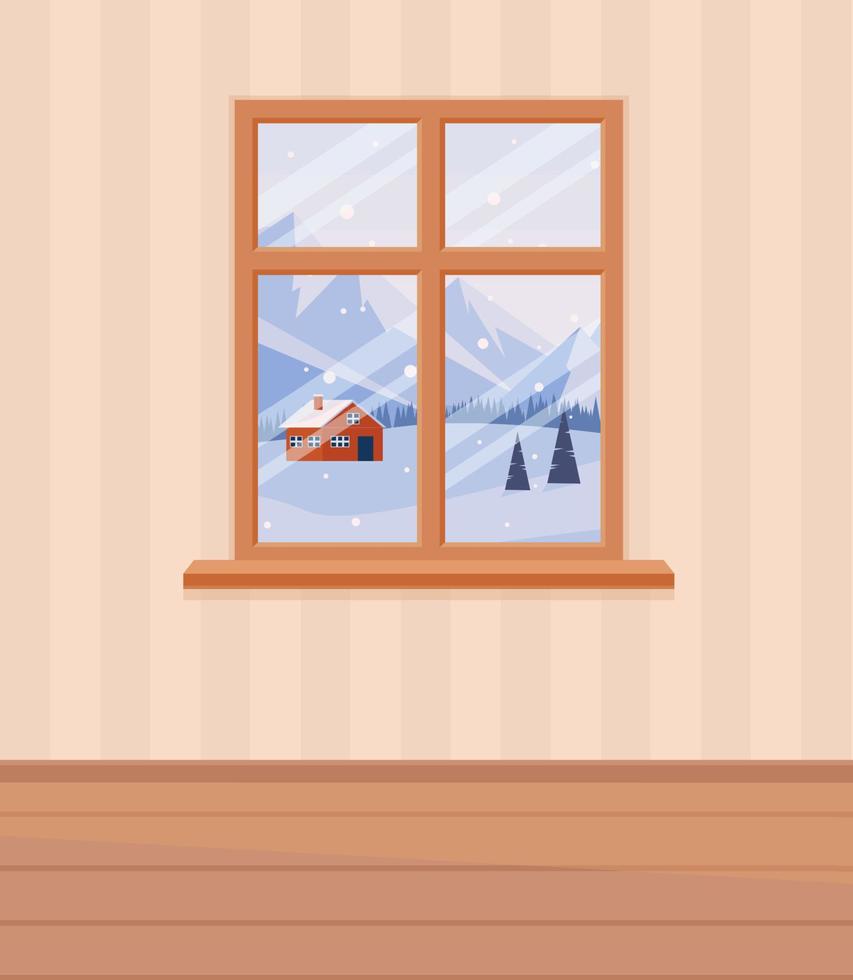 Into winter landscape window. Flat cartoon style vector illustration.