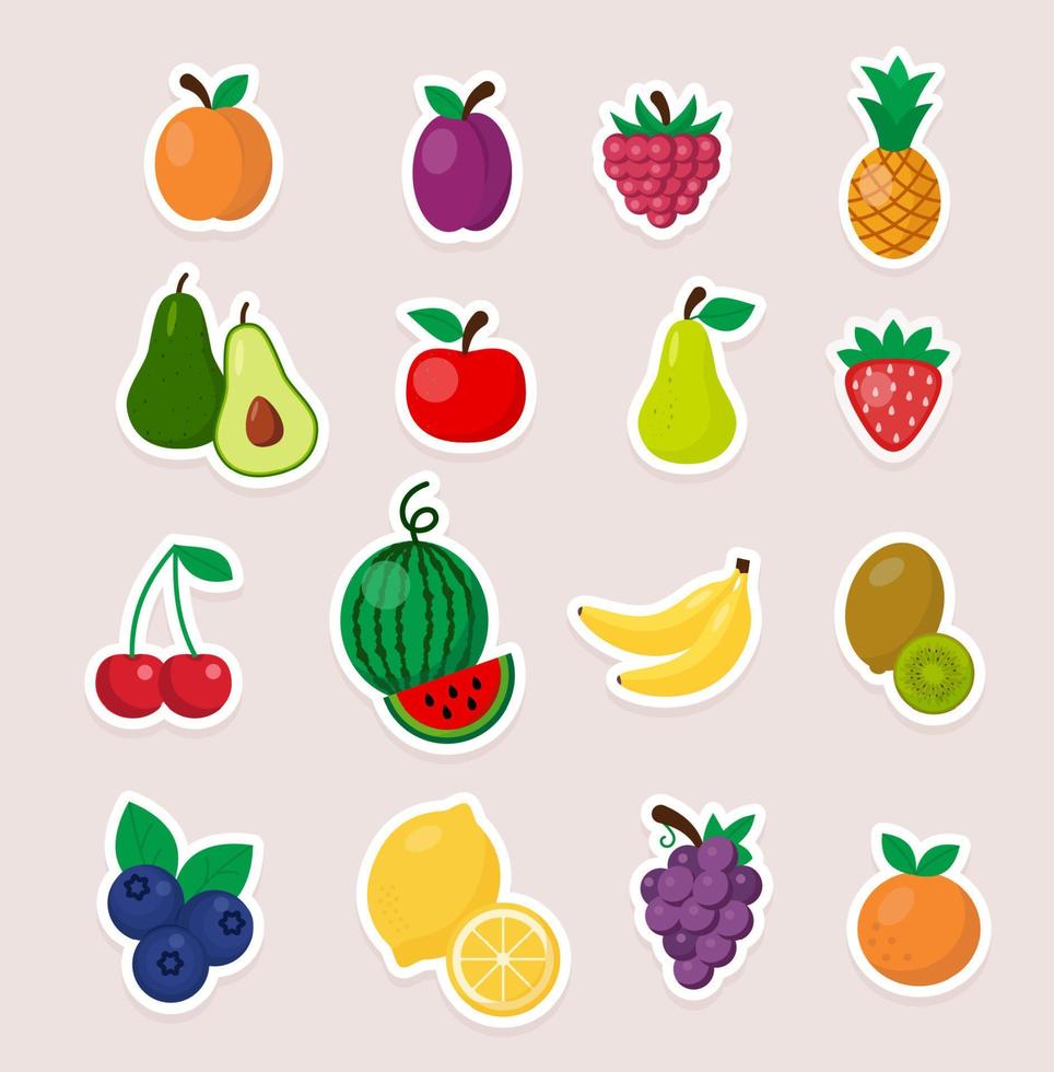 Set of cute vector stickers fruit icons. Flat style.
