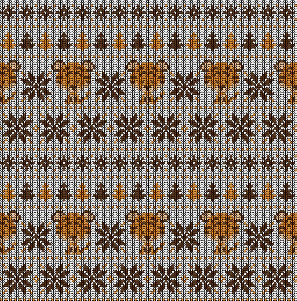 Knitted Christmas and New Year pattern in Tiger. Wool Knitting Sweater Design. Wallpaper wrapping paper textile print. vector