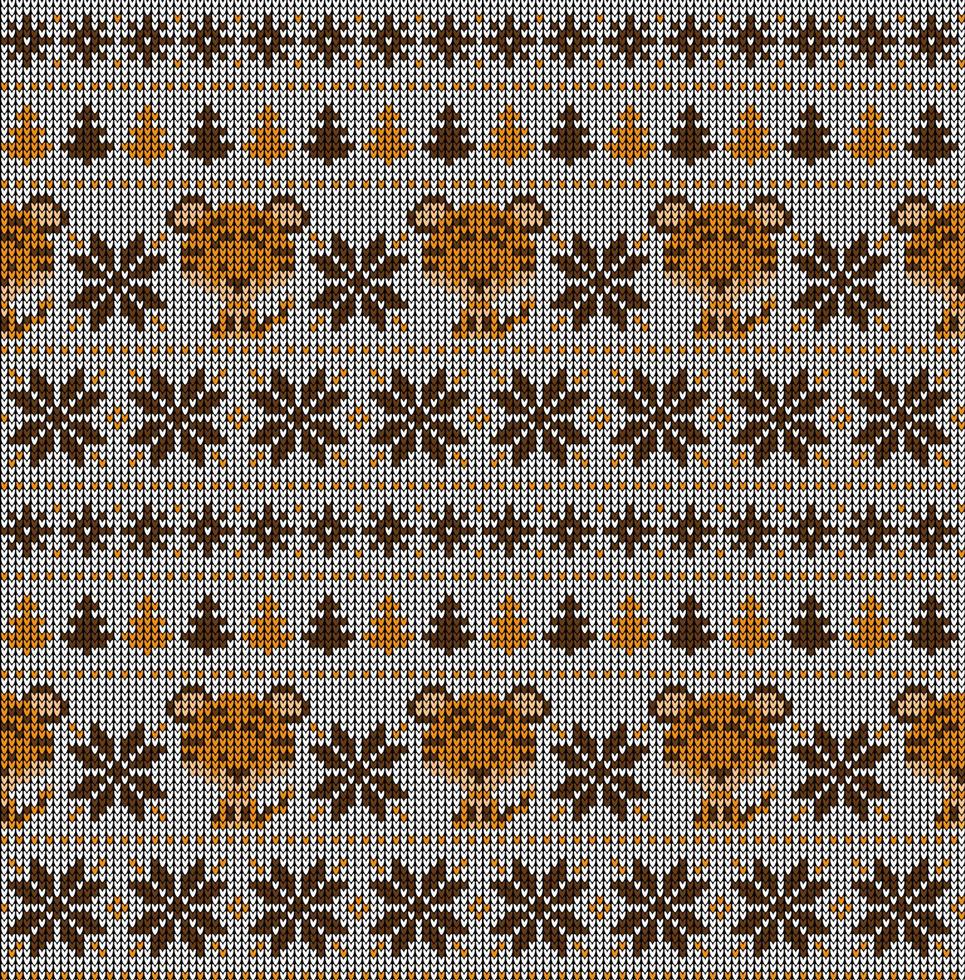 Knitted Christmas and New Year pattern in Tiger. Wool Knitting Sweater Design. Wallpaper wrapping paper textile print. vector