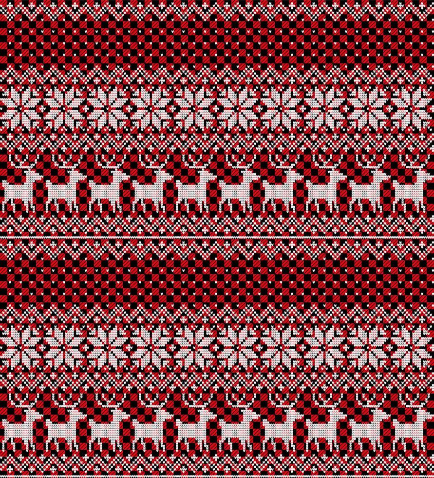 Knitted Christmas and New Year pattern at Buffalo Plaid. Wool Knitting Sweater Design. Wallpaper wrapping paper textile print. vector