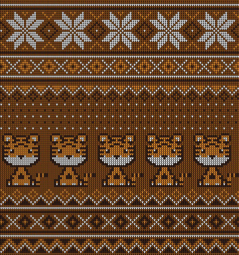 Knitted Christmas and New Year pattern in Tiger. Wool Knitting Sweater Design. Wallpaper wrapping paper textile print. vector