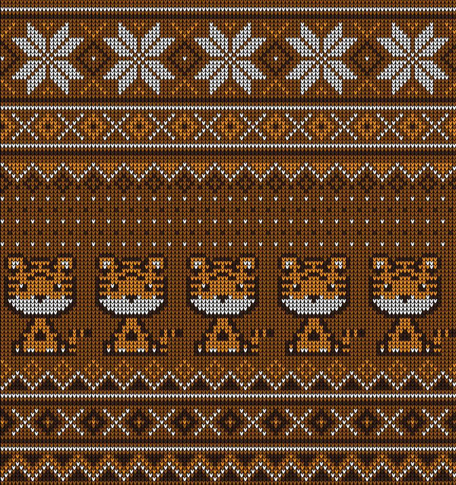 Knitted Christmas and New Year pattern in Tiger. Wool Knitting Sweater Design. Wallpaper wrapping paper textile print. vector